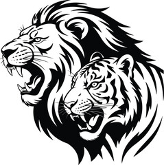 Obraz premium Black and white roaring lion and tiger heads graphic