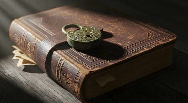 An old leather bound book with a decorative lock resting on top of it on a wooden surface in dim light