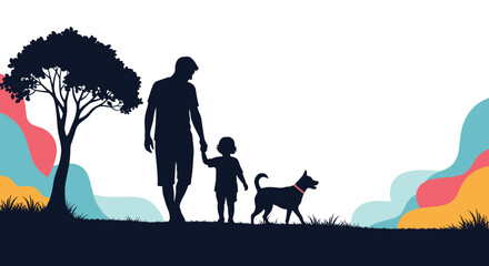 Silhouette of a father walking with a child and a dog in a park on a sunny day.
