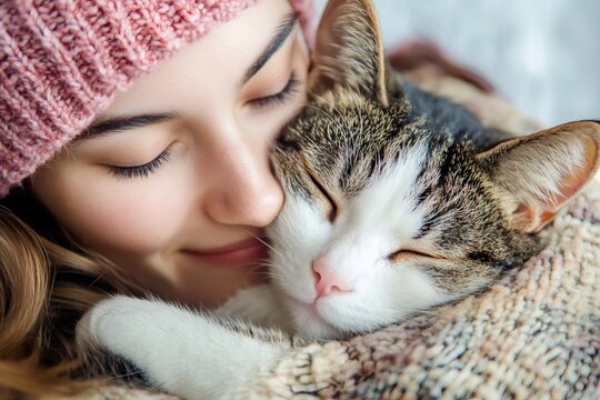 Woman hugging cat feeling comfort and warmth