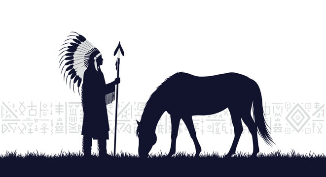 Silhouette of a Native American chief with a spear standing beside a grazing horse, with tribal patterns in the background.