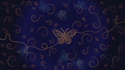 Luxury Line Art Butterfly Seamless Background with Gold Outline and Deep Midnight Blue Gradient for Elegant Wedding Wallpaper and Feminine Branding