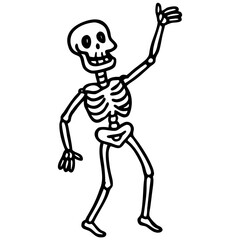Vector black and white drawing of a cartoon smiling skeleton that points its finger up. Positive to the core.