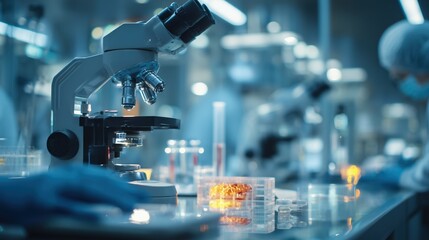 Modern medical laboratory with scientists researching pancreatic cancer under microscopes, advanced lab equipment, soft bokeh background