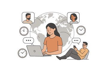 asynchronous communication workflow global remote and flexible schedules flat vector illustration style isolated on white background