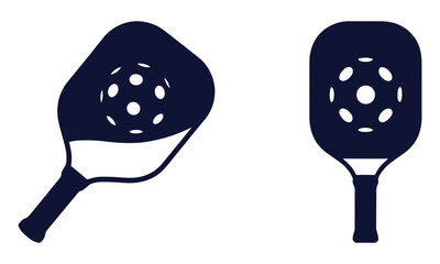 Pickleball paddles and ball icons set for sports and recreation graphics design