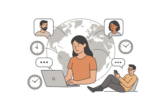 asynchronous communication workflow global remote and flexible schedules flat vector illustration style isolated on white background