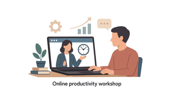 online productivity workshop virtual learning and remote skills growth flat vector illustration style isolated on white background