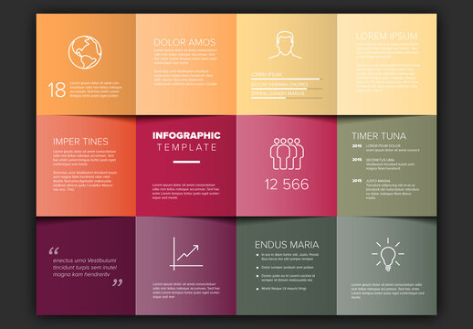 Colorful Grid Mosaic Infographic Template with Icons and Text Boxes on color folded papers