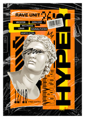 Acid Rave Poster with Apollo Bust and Brutalist Elements