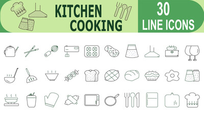 Line style icon set representing kitchen tools, food, and beverages. Vector illustrations