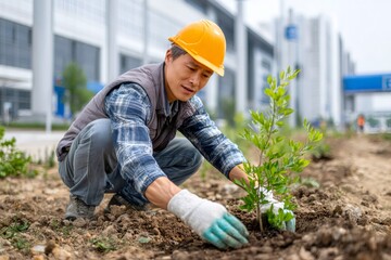Asian man planting tree in urban greening project