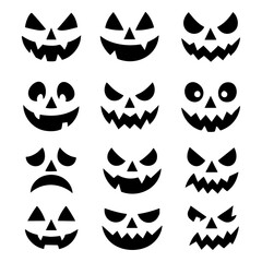 A bundle of black Halloween pumpkin faces in various spooky and cute expressions. Perfect for pumpkin carving templates, stickers, t-shirts, and Cricut cutting projects. Jack-o’-lantern SVG silhouette