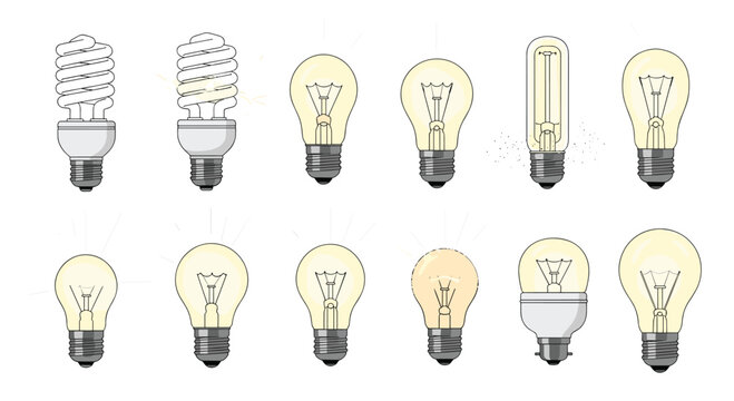 Collection of diverse electric light bulbs, featuring traditional incandescent and energy-saving fluorescent types, with some illuminated.