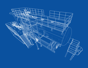 Industrial Structure Blueprint on Blue Background