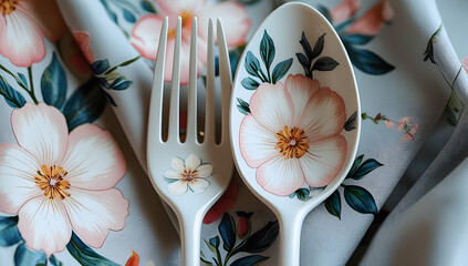 a delicate and artistic set of modern flatware, featuring a four-tine fork and an oval spoon. The utensils, likely made of ceramic or enamel-coated material, rest on a soft, powder-blue background.