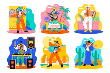 Set of mini compositions with Latin musicians in hand-drawn flat cartoon style
