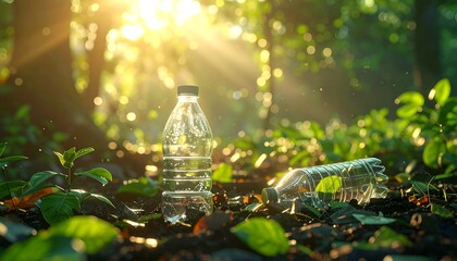 Transparent plastic bottles scattered among leaves and soil in forest, environmental pollution concept, highlighting plastic waste in nature and eco-awareness.