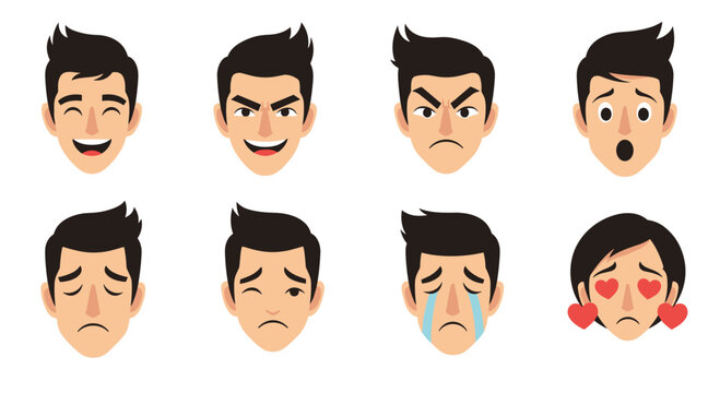 A set of cartoon vector illustrations depicting a range of human emotions and facial expressions from happy to sad and in love.