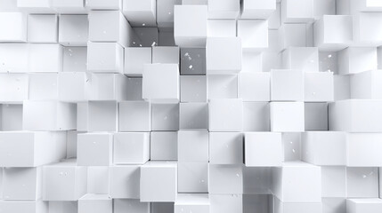 A three-dimensional arrangement of white cube. The composition forms an intricate design with a sense of depth and geometric appeal. The cubes are meticulously arranged.
