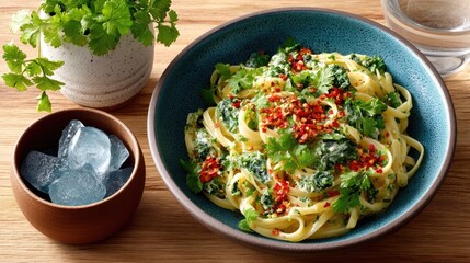 A top down view of golden spaghetti topped with fresh green herbs and red pepper flakes served in a rustic teal bowl with a side of ice cubes in a brown bowl and a potted herb plant on a wooden table
