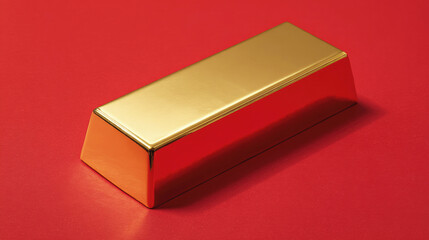 Shiny gold bar placed on vibrant red background, photographed in studio lighting for a clean, luxurious and striking financial or investment-themed visual.