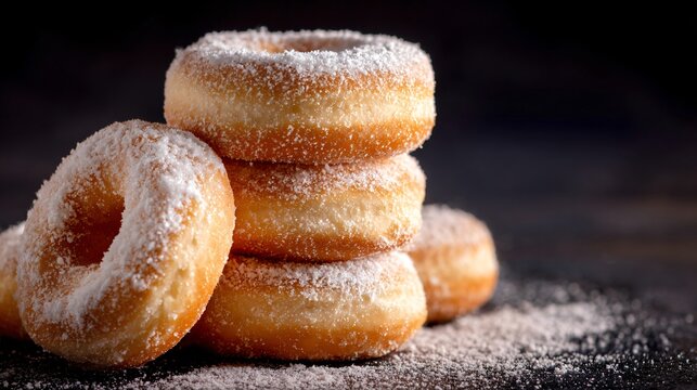 A baked eggnog donuts stacked, powdered sugar,