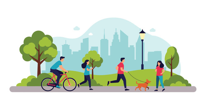 Diverse group of people engaging in cycling, jogging, and walking with a dog in a green urban park.