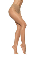 Beautiful long fit female legs in beige tights on white background