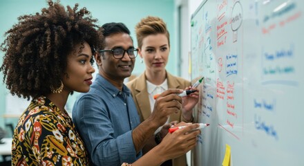 Diverse business team brainstorming ideas at whiteboard — perfect for innovation, strategy, teamwork, corporate training and startup content.