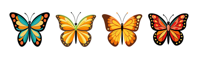 Four colorful butterflies display their intricate wing patterns