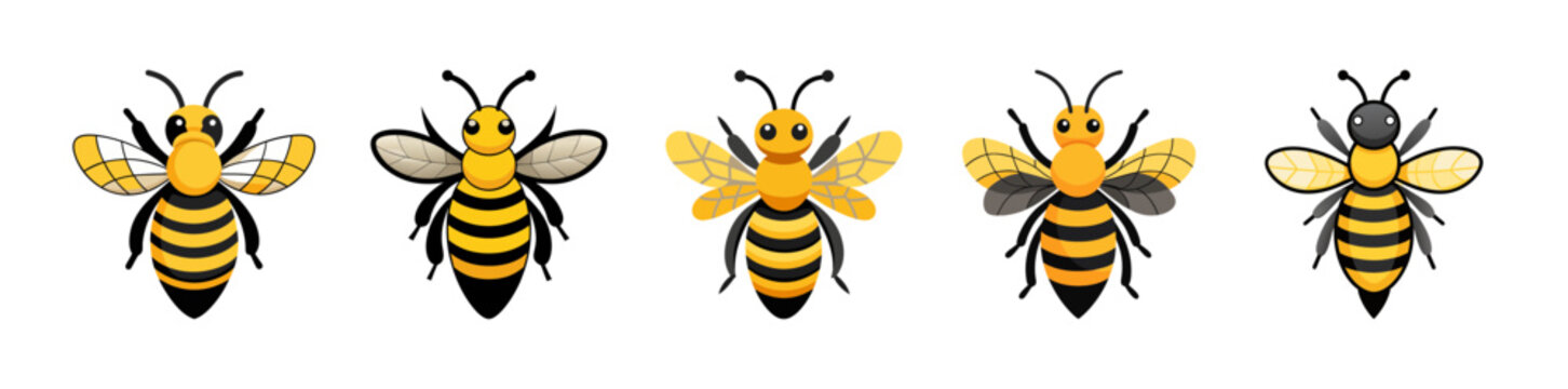 Five artistic bees hovering with colorful wings and striped bodies