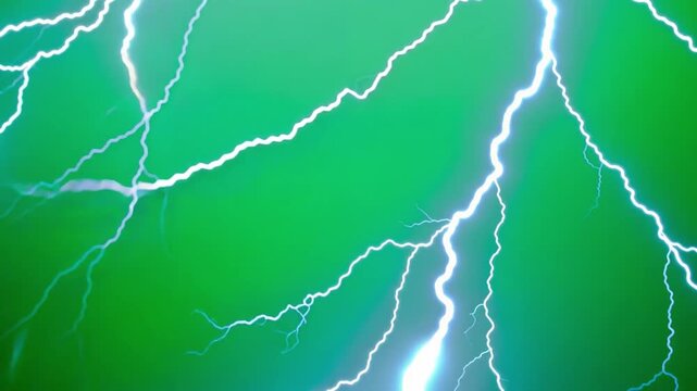 Electrifying Display: A vibrant display of nature's raw power, capturing the dynamic energy of lightning bolts as they illuminate a vivid green backdrop.