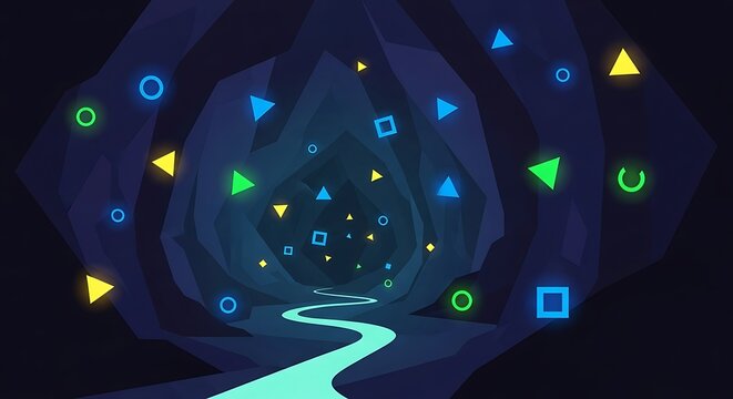 Abstract Digital Cave with Glowing Geometric Shapes and Winding Path. - Powered by Adobe