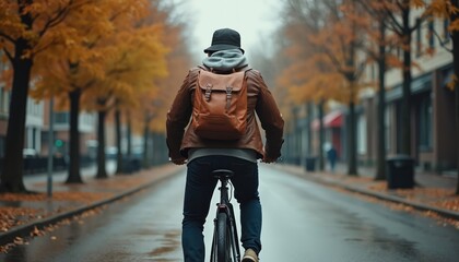 Man cycles on wet city street in autumn. He wears a jacket hat and backpack. Rain reflects on the asphalt creating a moody urban scene. The cyclist travels along a route promoting active lifestyle.