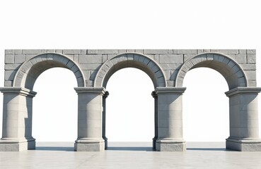 Obraz premium Illustration presents stone arcade with arches. Gray structure with pattern on white background. Ancient architectural element with passage, classical roman style design. Perspective view of