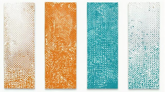Four tall, vertical, patterned panels in orange and blue, displaying gradient dot patterns on white backgrounds