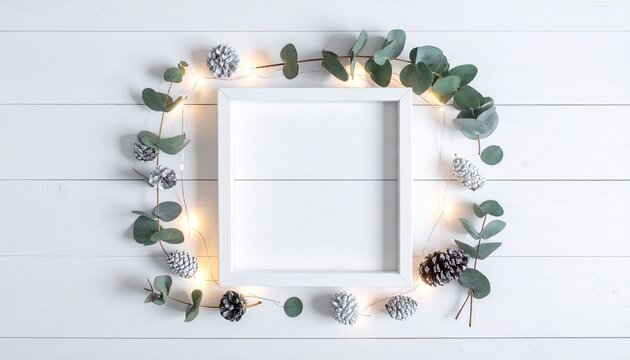 Minimalist Winter Mockup: White Square Frame with Eucalyptus Wreath, Painted Pinecones, and Fairy Lights on Wood.