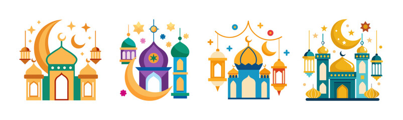 Vibrant islamic decorations eid mubarak crescent moon lanterns mosques celebration