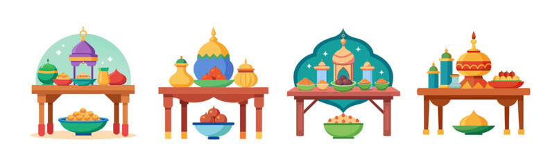 Vibrant eid feast table decorations with islamic lanterns and fruits