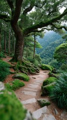 Ancient Forest Tree Trunk With Sprawling Branches And Lush Green Foliage Along A Stone Path Leading Into Misty Mountains With Soft Natural Lighting