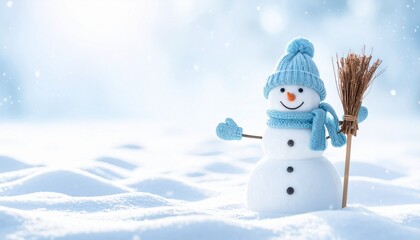 Obraz premium Cute Snowman with Blue Hat and Scarf on Fresh Snow Drifts. Bright Winter Background for Christmas and Holiday Copy Space