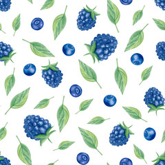 Watercolor summer seamless pattern with blackberries, blueberries and green leaves on white background. Botanical berry repeatable design for packaging, textile prints, wrapping paper or kitchen decor