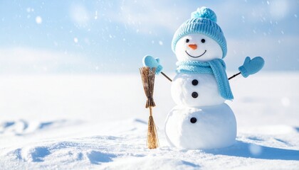 Fototapeta premium Happy Snowman Portrait with Blue Accessories and Broom in Bright Winter Scene with Falling Snow Bokeh and Copy Space