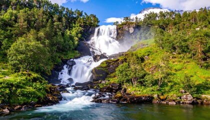 Obraz premium Majestic waterfall cascading through lush Norwegian landscape