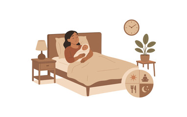 postpartum rest cozy bedroom and balanced daily routine flat vector illustration style isolated on white background