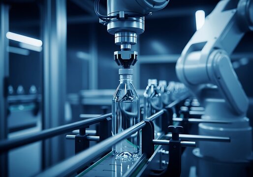 Automated robotic arm placing cap on clear bottle on a conveyor belt in a modern blue-toned beverage or pharmaceutical factory