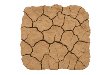 Dry cracked earth representing drought and global warming concept, parched soil texture with transparent background