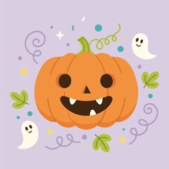 Cute cartoon smiling orange pumpkin with fangs, surrounded by friendly ghosts, green leaves, and festive swirls perfect for Halloween.