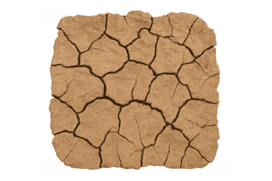Dry cracked earth representing drought and global warming concept, parched soil texture with transparent background